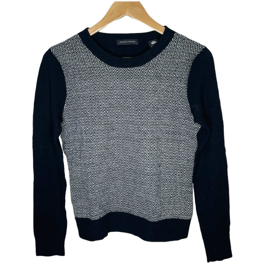 Valerie Stevens Crew Neck Herringbone Black and White Sweater Size S